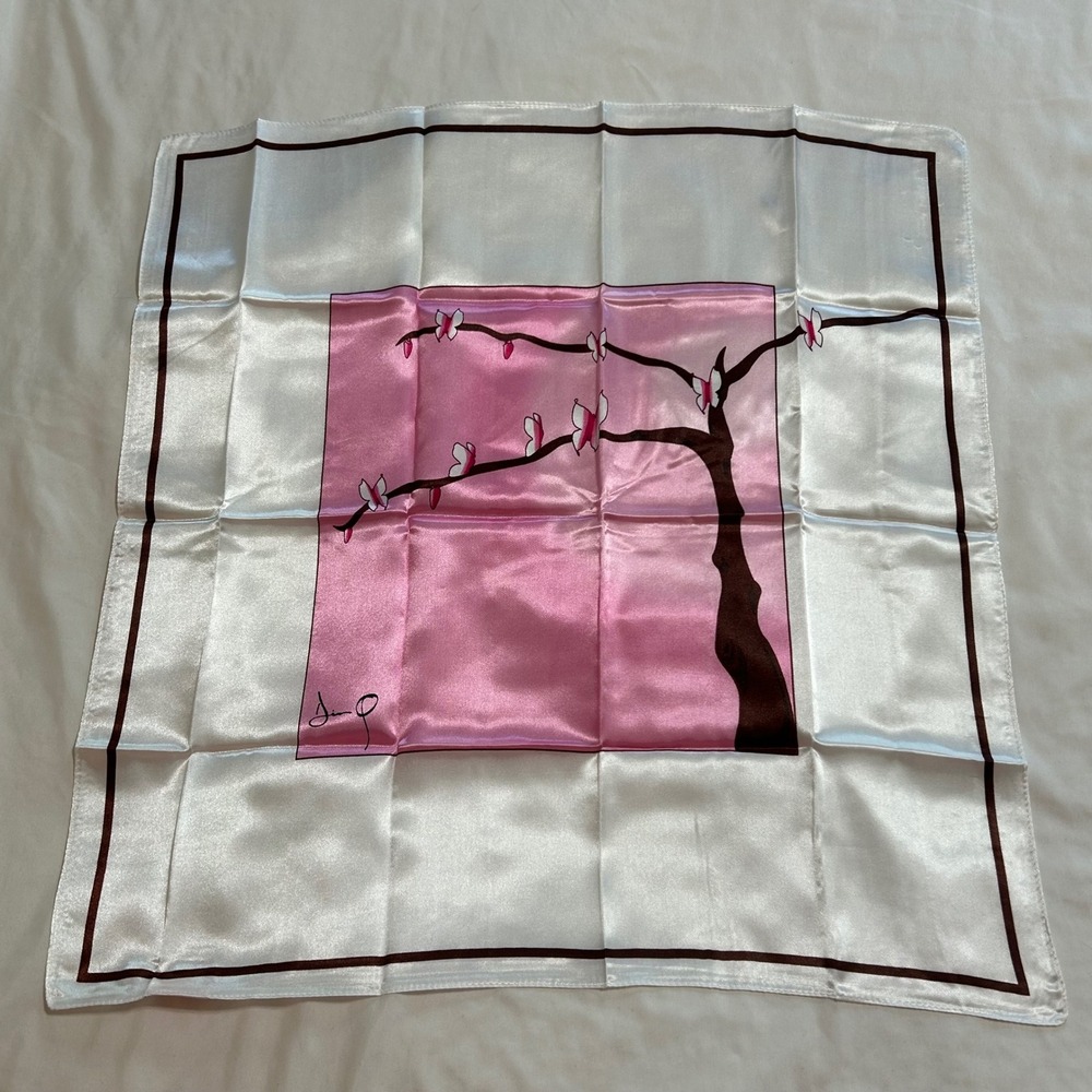 Hanae Mori Parfums Pink White Butterfly Tree Square Polysatin Scarf 20x20